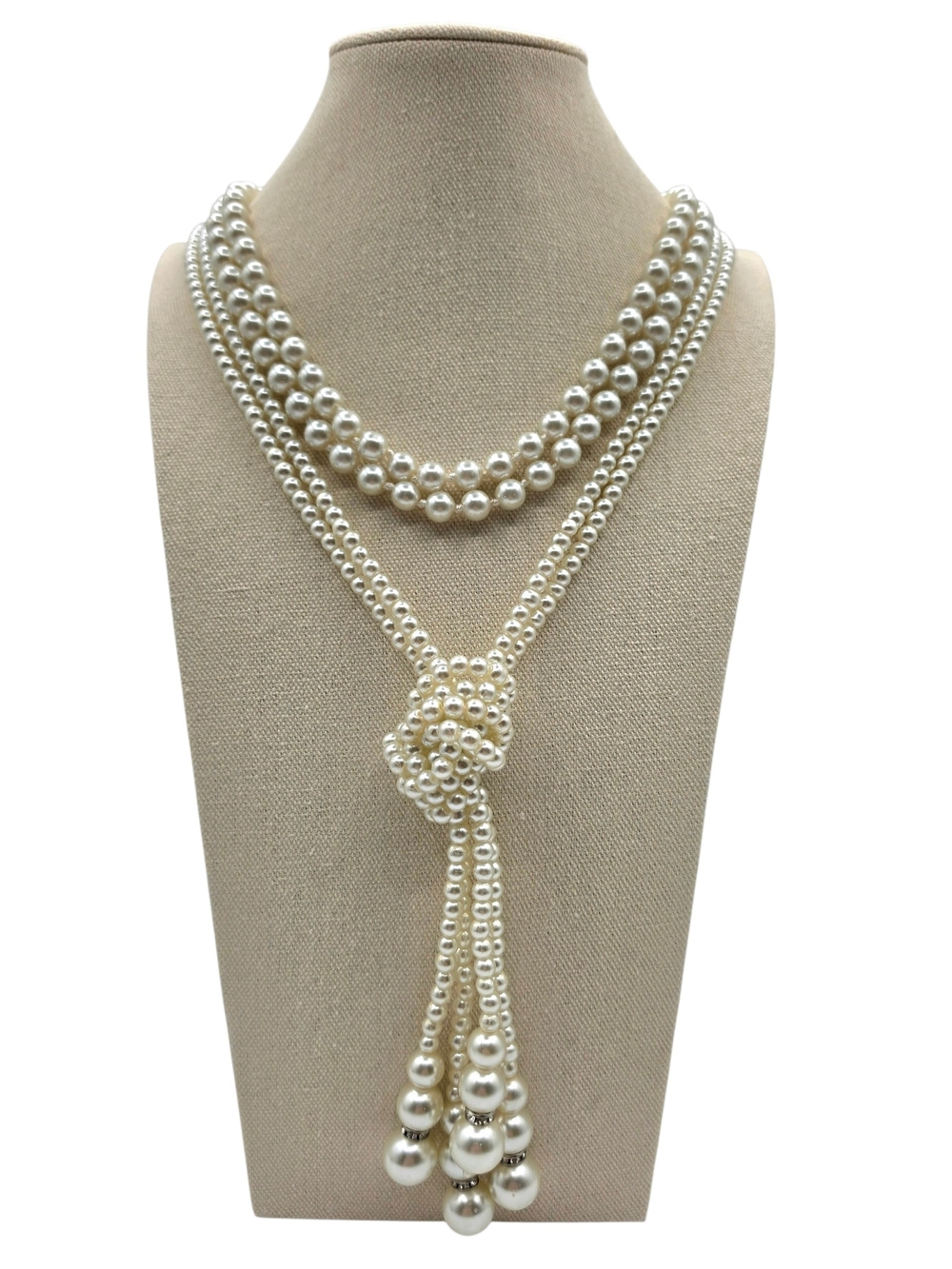 Long Pearl Multi-Strand Lariat Necklace Set - Ivory Faux Pearls